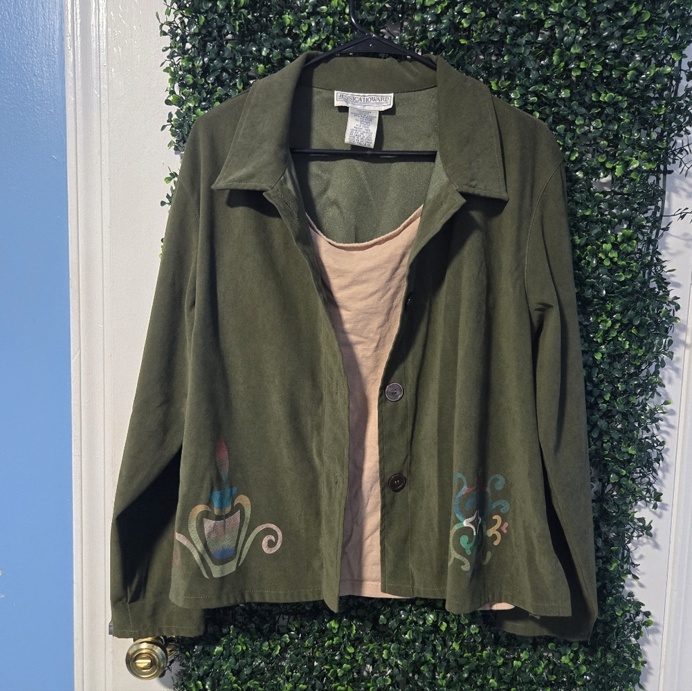 Jessica Howard Vintage Green Faux Suede Shirt Jacket Size 14 - Picture 7 of 7